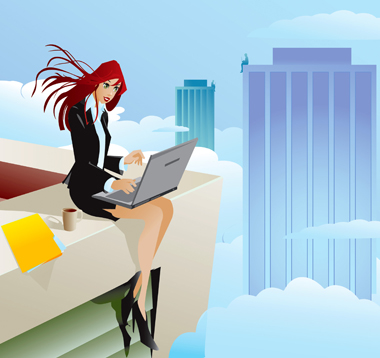 Image of girl sitting with laptop sitting on top of skyscraper